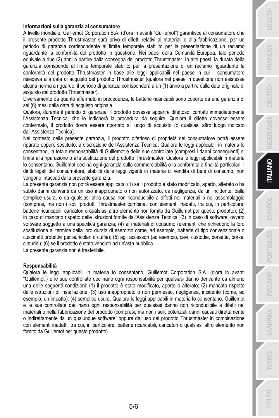 Informazioni sulla garanzia al consumatore, 66binformazioni sulla garanzia al consumatore, La presente garanzia non è trasferibile | 73bresponsabilità, Responsabilità | Thrustmaster T.16000M User Manual | Page 40 / 97