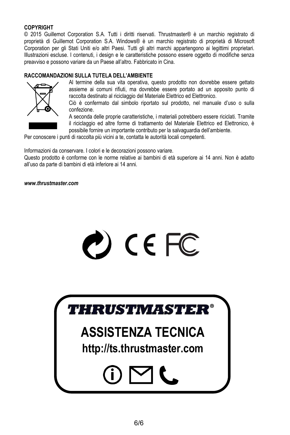 Copyright, Raccomandazioni sulla tutela dell’ambiente, Www.thrustmaster.com | Assistenza tecnica | Thrustmaster T.16000M User Manual | Page 41 / 97