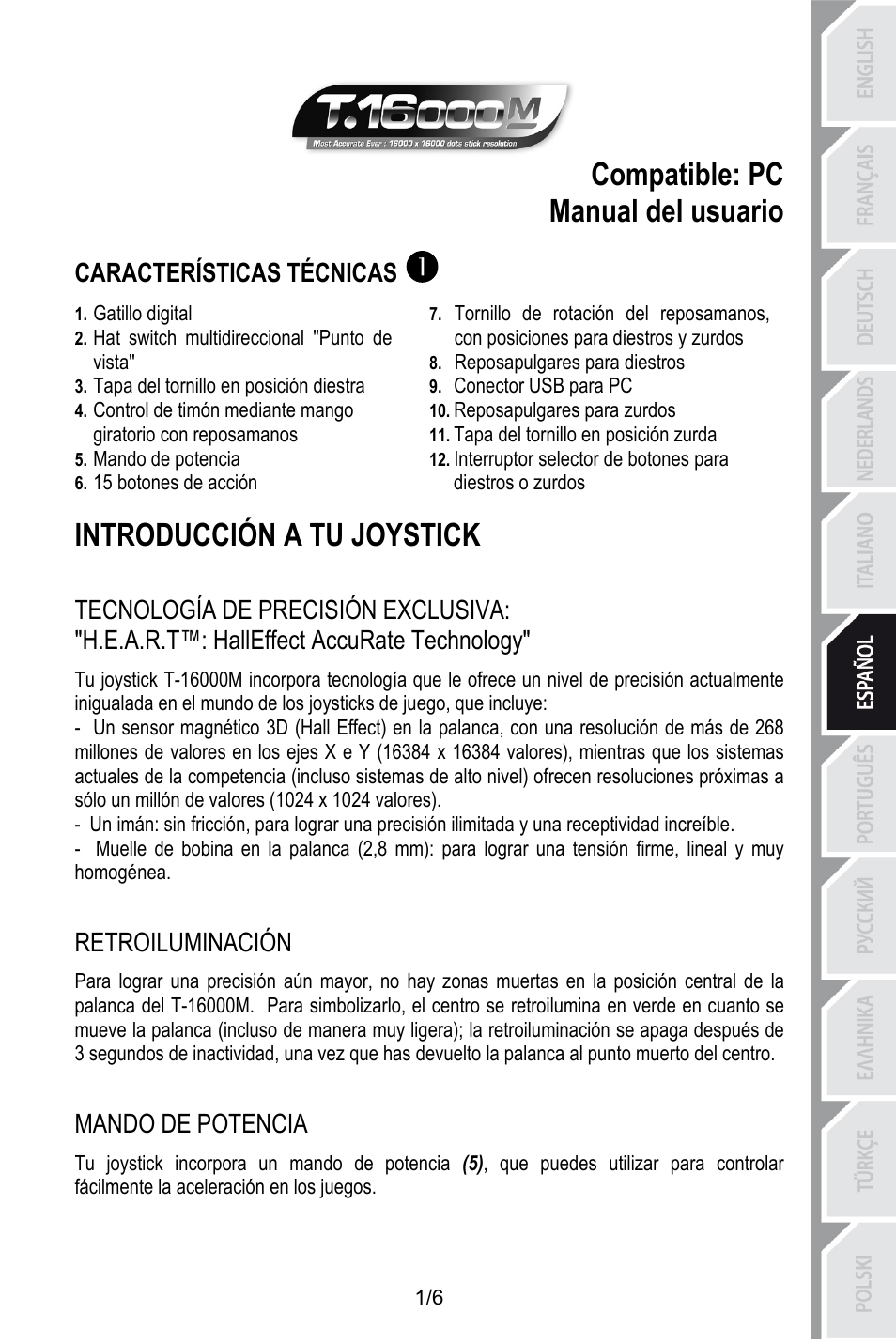 Esp_t-16000m v3, Compatible: pc, Manual del usuario | Características técnicas, Gatillo digital, Hat switch multidireccional "punto de vista, Reposapulgares para diestros, Conector usb para pc, Tapa del tornillo en posición diestra, Reposapulgares para zurdos | Thrustmaster T.16000M User Manual | Page 44 / 97