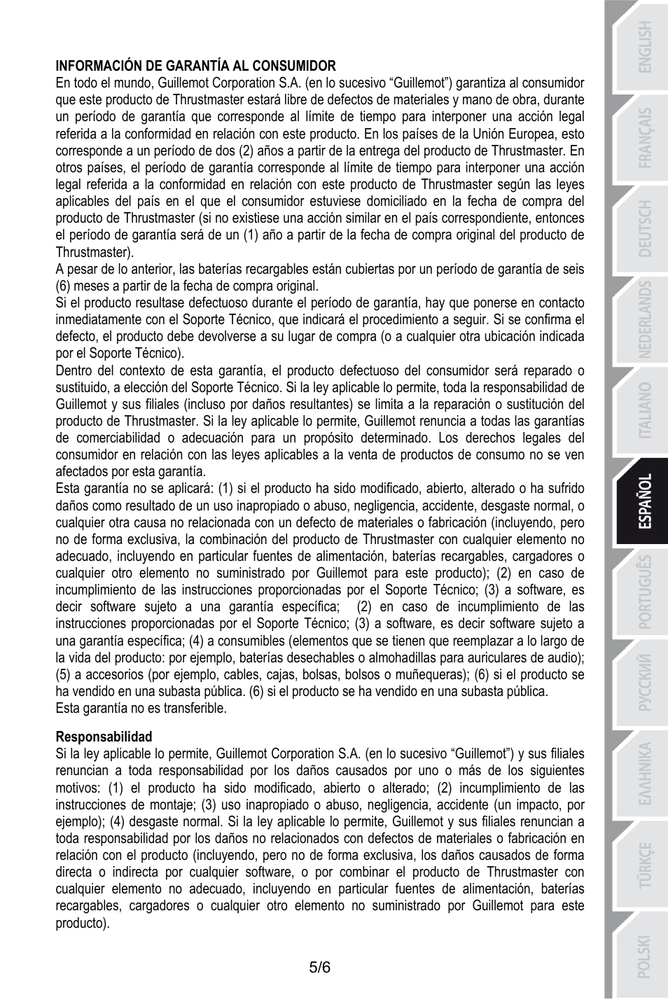 Información de garantía al consumidor, Esta garantía no es transferible, Responsabilidad | Thrustmaster T.16000M User Manual | Page 48 / 97