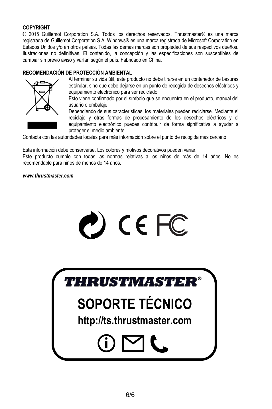 Copyright, Recomendación de protección ambiental, Www.thrustmaster.com | Soporte técnico | Thrustmaster T.16000M User Manual | Page 49 / 97