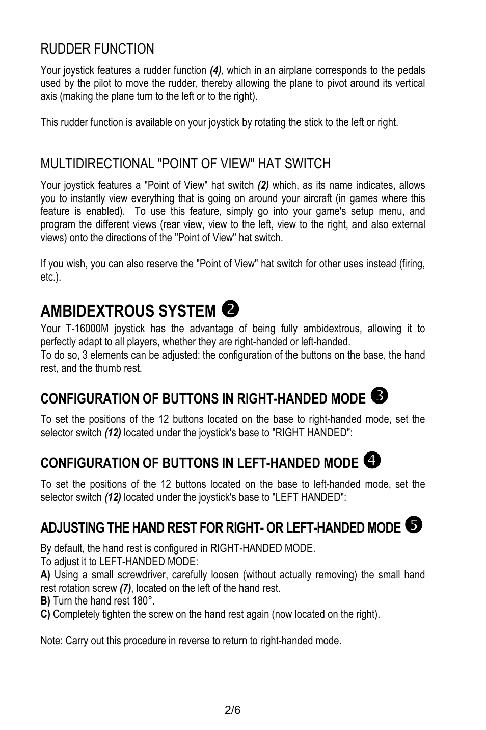 Rudder function, Multidirectional "point of view" hat switch, Ambidextrous system | Configuration of buttons in right-handed mode, Configuration of buttons in left-handed mode, To adjust it to left-handed mode, B) turn the hand rest 180 | Thrustmaster T.16000M User Manual | Page 5 / 97