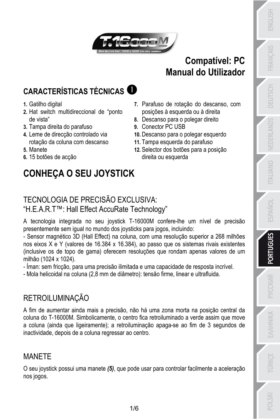 Por_t-16000m v3, Compatível: pc, Manual do utilizador | Características técnicas, Gatilho digital, Hat switch multidireccional de “ponto de vista, Descanso para o polegar direito, Conector pc usb, Tampa direita do parafuso, Descanso para o polegar esquerdo | Thrustmaster T.16000M User Manual | Page 52 / 97