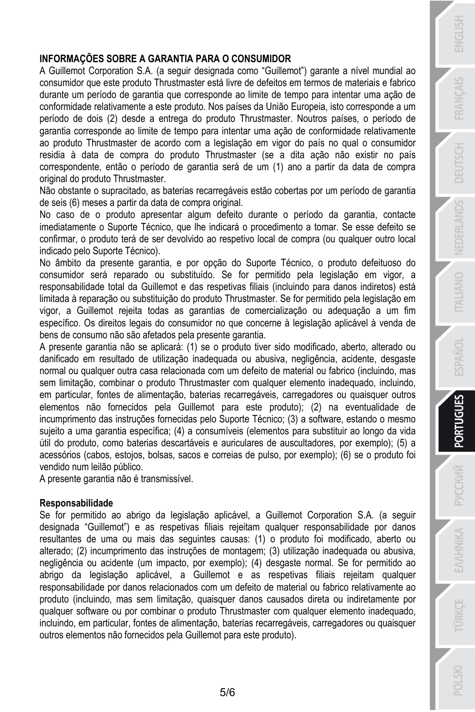 Informações sobre a garantia para o consumidor, A presente garantia não é transmissível, Responsabilidade | 73bresponsabilidade | Thrustmaster T.16000M User Manual | Page 56 / 97