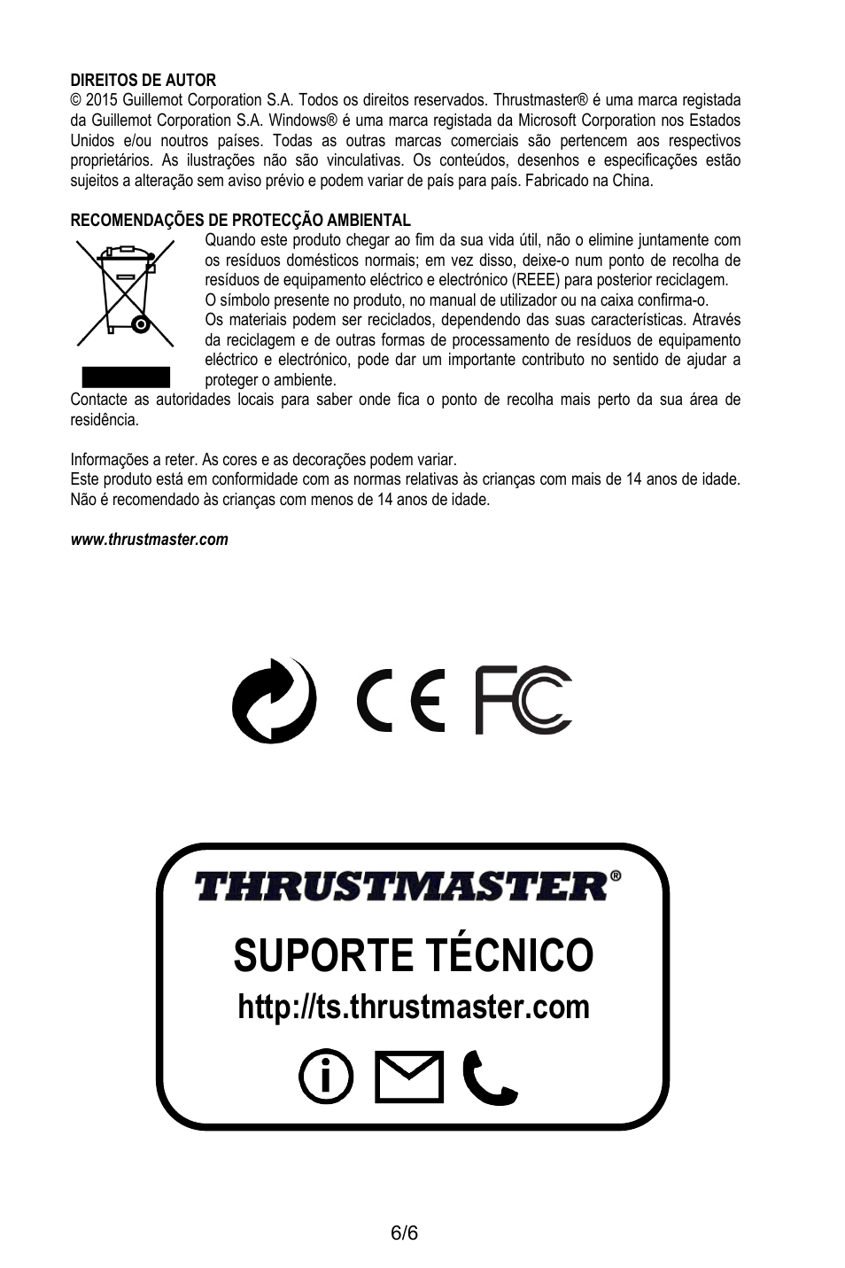 Direitos de autor, Recomendações de protecção ambiental, Www.thrustmaster.com | Suporte técnico | Thrustmaster T.16000M User Manual | Page 57 / 97