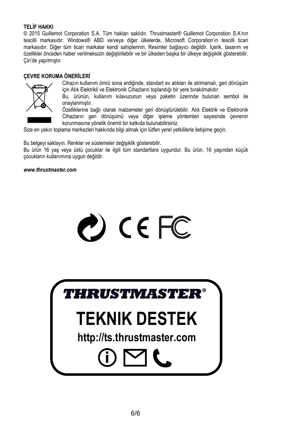 Telif hakki, Çevre koruma önerileri, Www.thrustmaster.com | Teknik destek | Thrustmaster T.16000M User Manual | Page 81 / 97