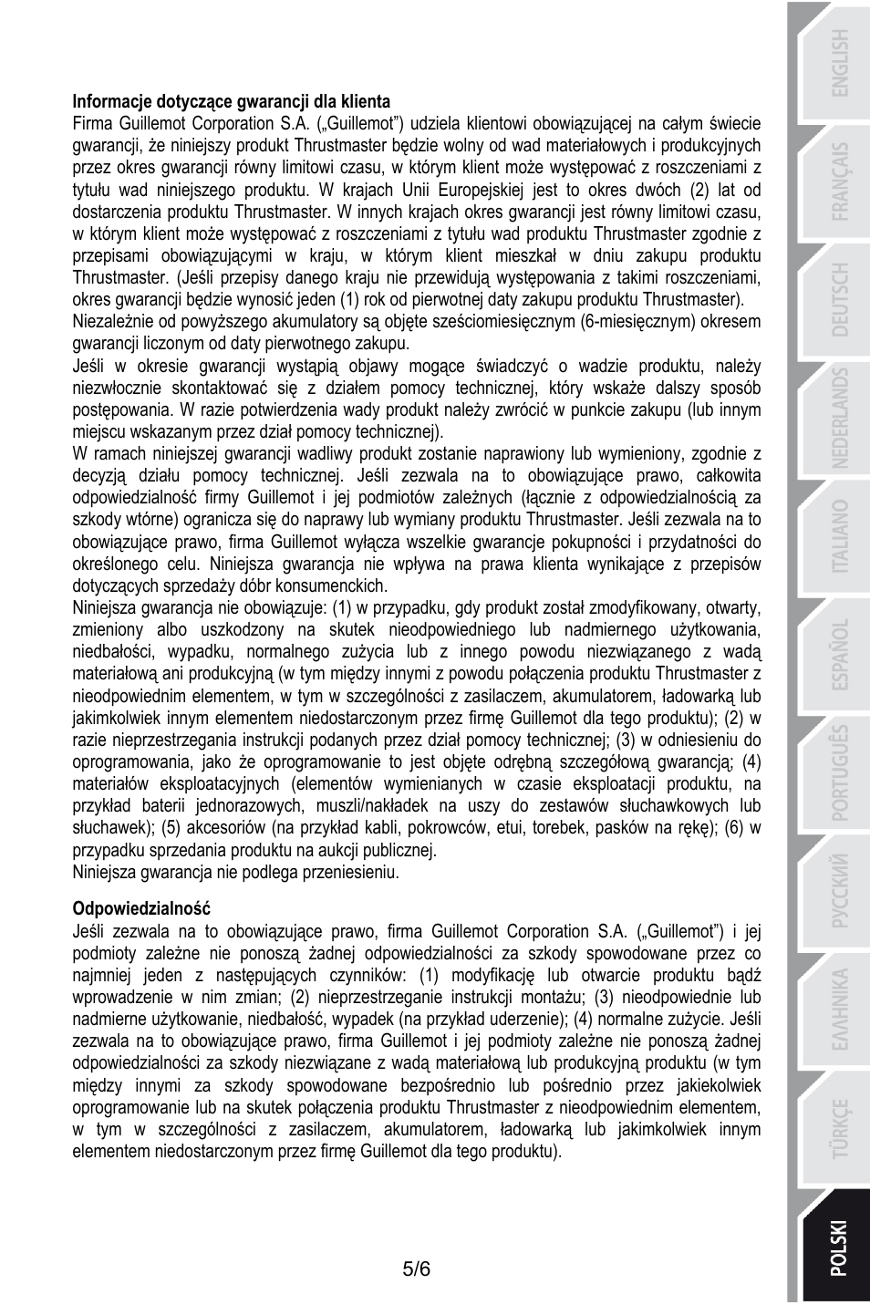 66binformacje dotyczące gwarancji dla klienta, Informacje dotyczące gwarancji dla klienta, Niniejsza gwarancja nie podlega przeniesieniu | 73bodpowiedzialność, Odpowiedzialność | Thrustmaster T.16000M User Manual | Page 88 / 97