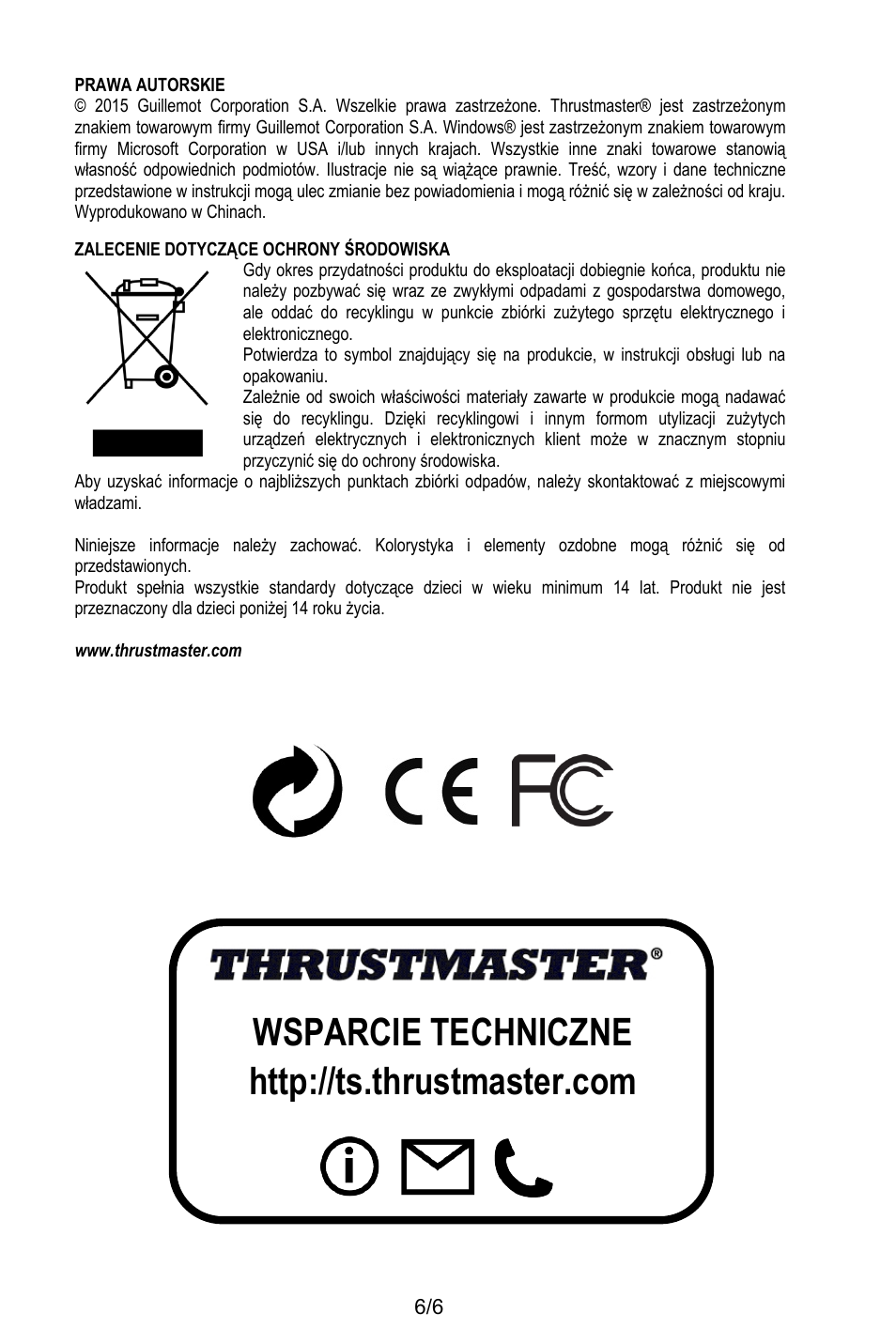 Prawa autorskie, Zalecenie dotyczące ochrony środowiska, Www.thrustmaster.com | Thrustmaster T.16000M User Manual | Page 89 / 97