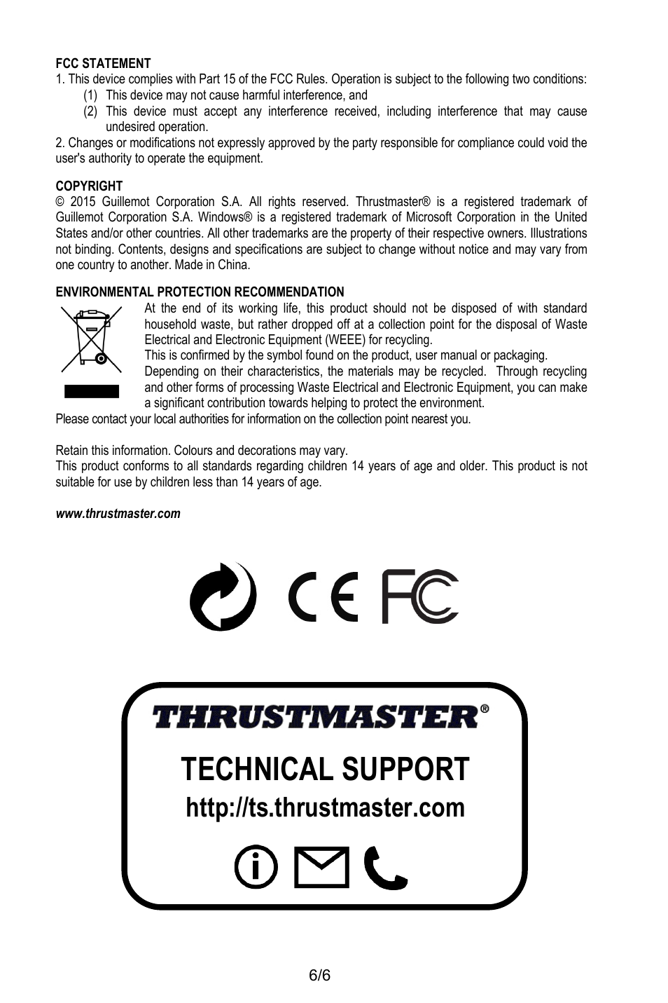 Fcc statement, Copyright, Environmental protection recommendation | Www.thrustmaster.com, Technical support | Thrustmaster T.16000M User Manual | Page 9 / 97