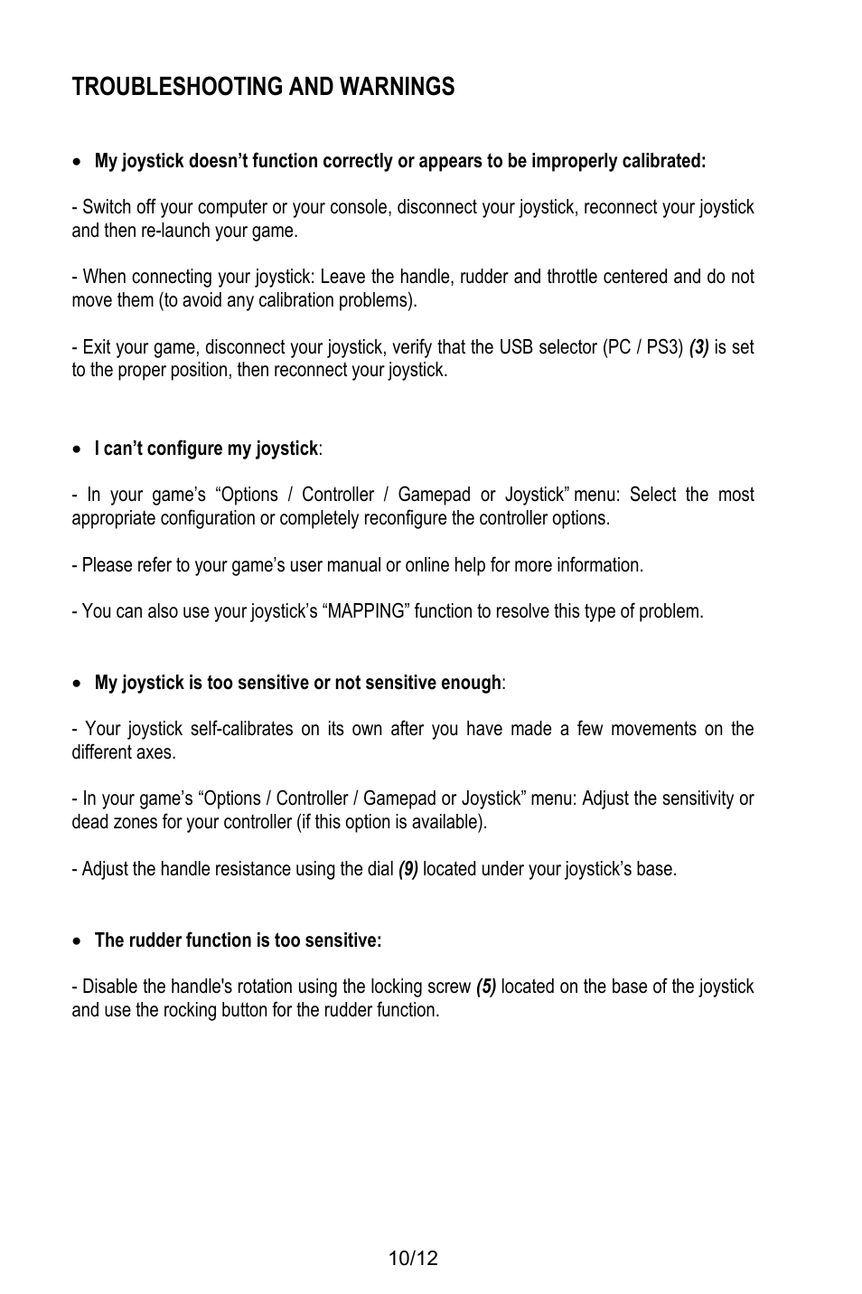 Troubleshooting and warnings, I can’t configure my joystick, The rudder function is too sensitive | Thrustmaster T.Flight HOTAS X User Manual | Page 11 / 145