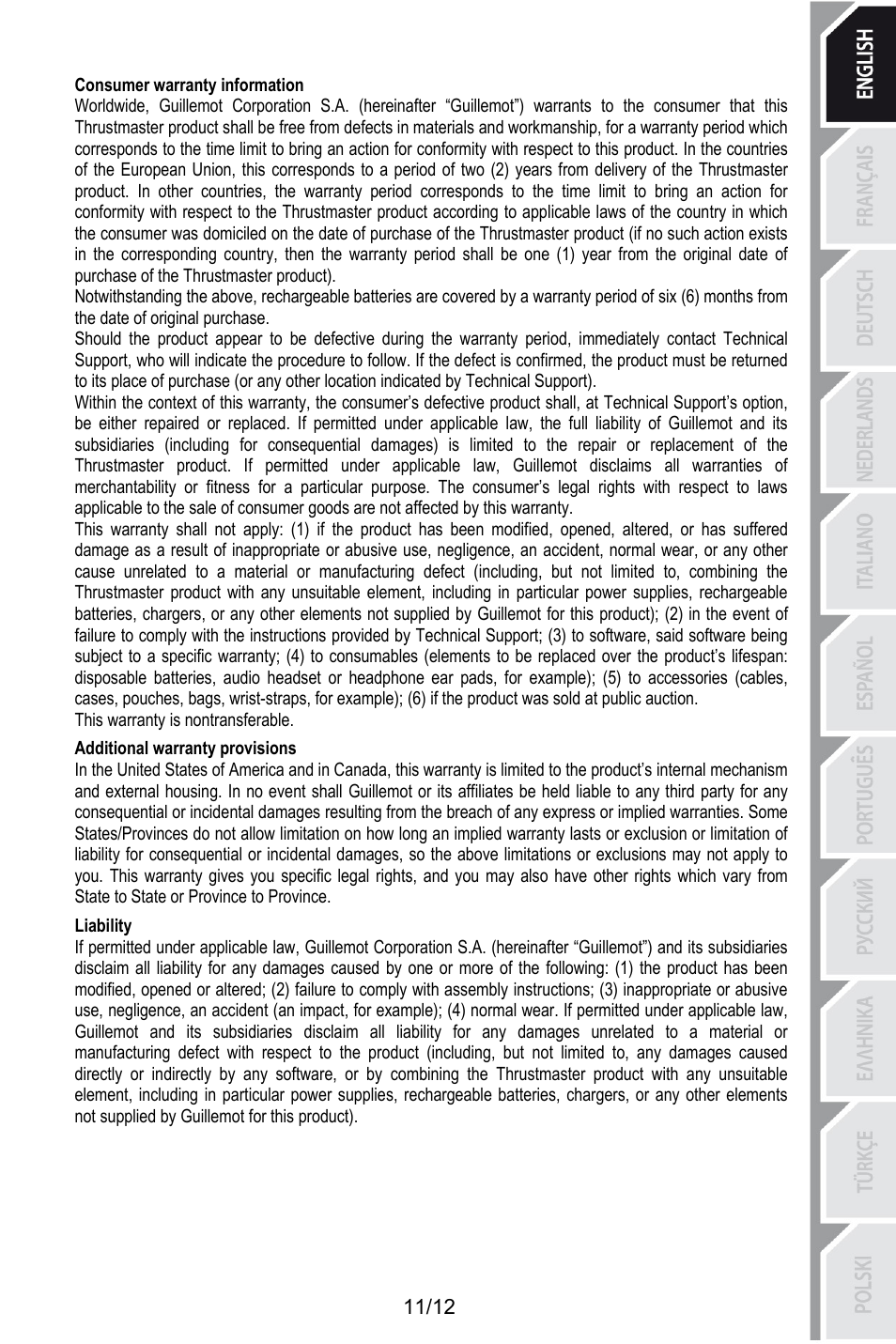 Consumer warranty information, This warranty is nontransferable, Additional warranty provisions | Liability | Thrustmaster T.Flight HOTAS X User Manual | Page 12 / 145