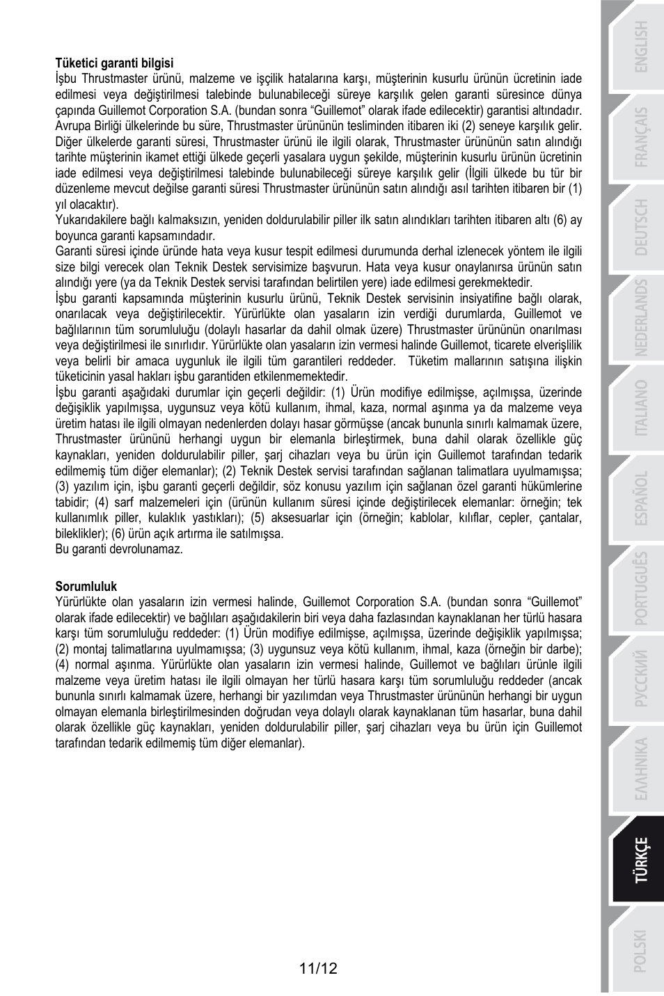 179bsorumluluk, Tüketici garanti bilgisi, Bu garanti devrolunamaz | Sorumluluk | Thrustmaster T.Flight HOTAS X User Manual | Page 120 / 145