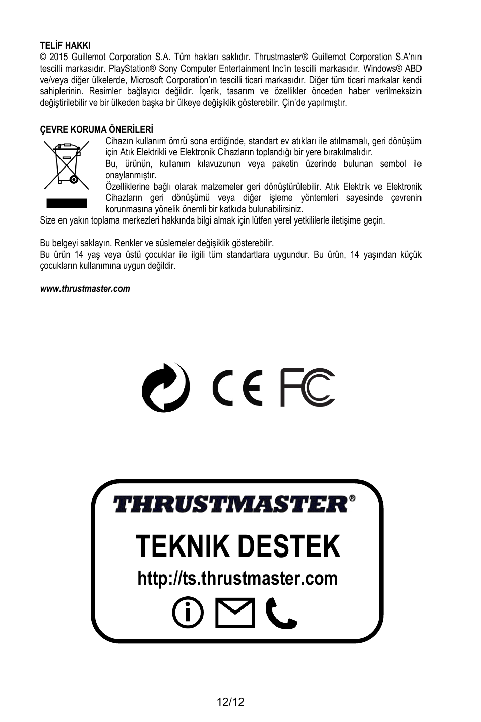 Telif hakki, Çevre koruma önerileri, Www.thrustmaster.com | Teknik destek | Thrustmaster T.Flight HOTAS X User Manual | Page 121 / 145