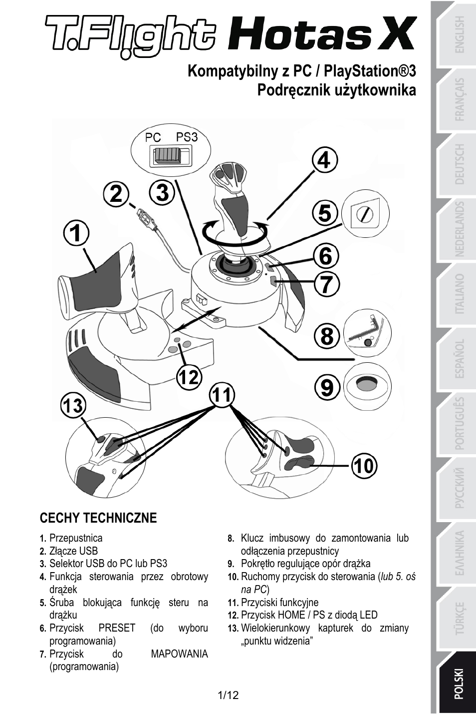 Pol_t_flight_hotas_x v3, Kompatybilny z pc / playstation®3, Podręcznik użytkownika | Cechy techniczne, Przepustnica, Złącze usb, Pokrętło regulujące opór drążka, Selektor usb do pc lub ps3, Ruchomy przycisk do sterowania (lub 5. oś na pc), Funkcja sterowania przez obrotowy drążek | Thrustmaster T.Flight HOTAS X User Manual | Page 122 / 145