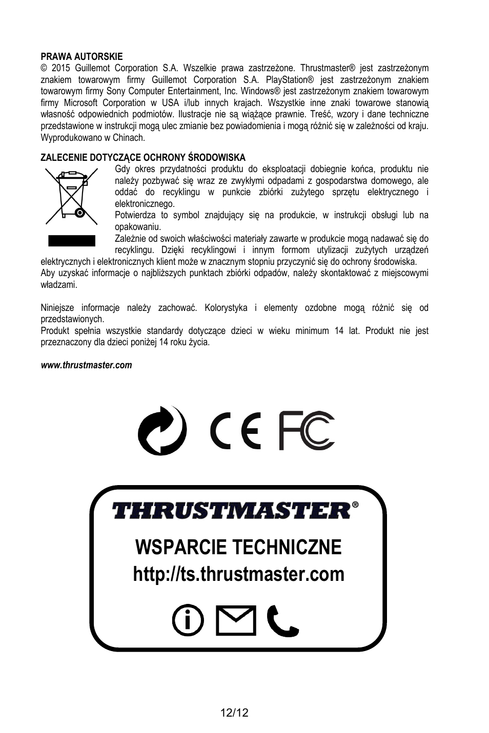 Prawa autorskie, Zalecenie dotyczące ochrony środowiska, Www.thrustmaster.com | Thrustmaster T.Flight HOTAS X User Manual | Page 133 / 145
