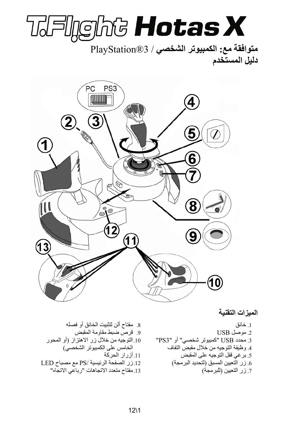 Ar_t_flight_hotas_x v3, متوافقة مع: الكمبيوتر الشخصي playstation®3, دليل المستخدم | الميزات التقنية, خانق, موصل usb, محدد usb "كمبيوتر شخصي" أو "ps3, وظيفة التوجيه من خلال مقبض التفاف, برغي قفل التوجيه على المقبض, زر التعيين المسبق (لتحديد البرمجة) | Thrustmaster T.Flight HOTAS X User Manual | Page 134 / 145