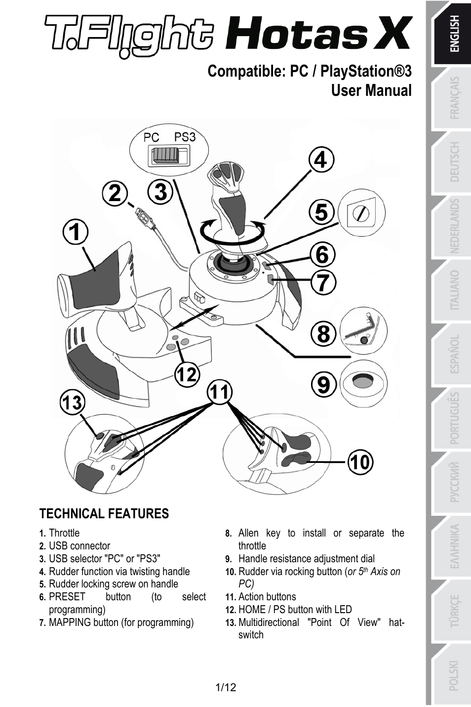 Eng_t_flight_hotas_x v3, Compatible: pc / playstation®3, User manual | Technical features, Allen key to install or separate the throttle, Throttle, Usb connector, Handle resistance adjustment dial, Usb selector "pc" or "ps3, Rudder via rocking button (or 5th axis on pc) | Thrustmaster T.Flight HOTAS X User Manual | Page 2 / 145