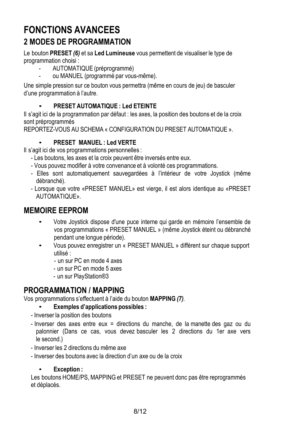 Fonctions avancees, 2 modes de programmation, Automatique (préprogrammé) | Ou manuel (programmé par vous-même), Preset automatique : led eteinte, Preset manuel : led verte, Il s’agit ici de vos programmations personnelles, Memoire eeprom, Un sur pc en mode 4 axes, Un sur pc en mode 5 axes | Thrustmaster T.Flight HOTAS X User Manual | Page 21 / 145