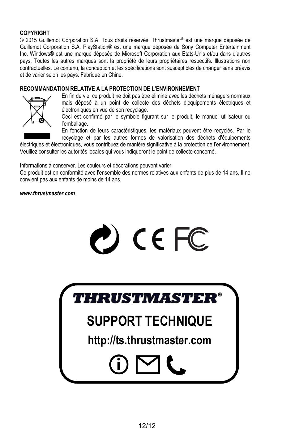 Copyright, Www.thrustmaster.com, Support technique | Thrustmaster T.Flight HOTAS X User Manual | Page 25 / 145