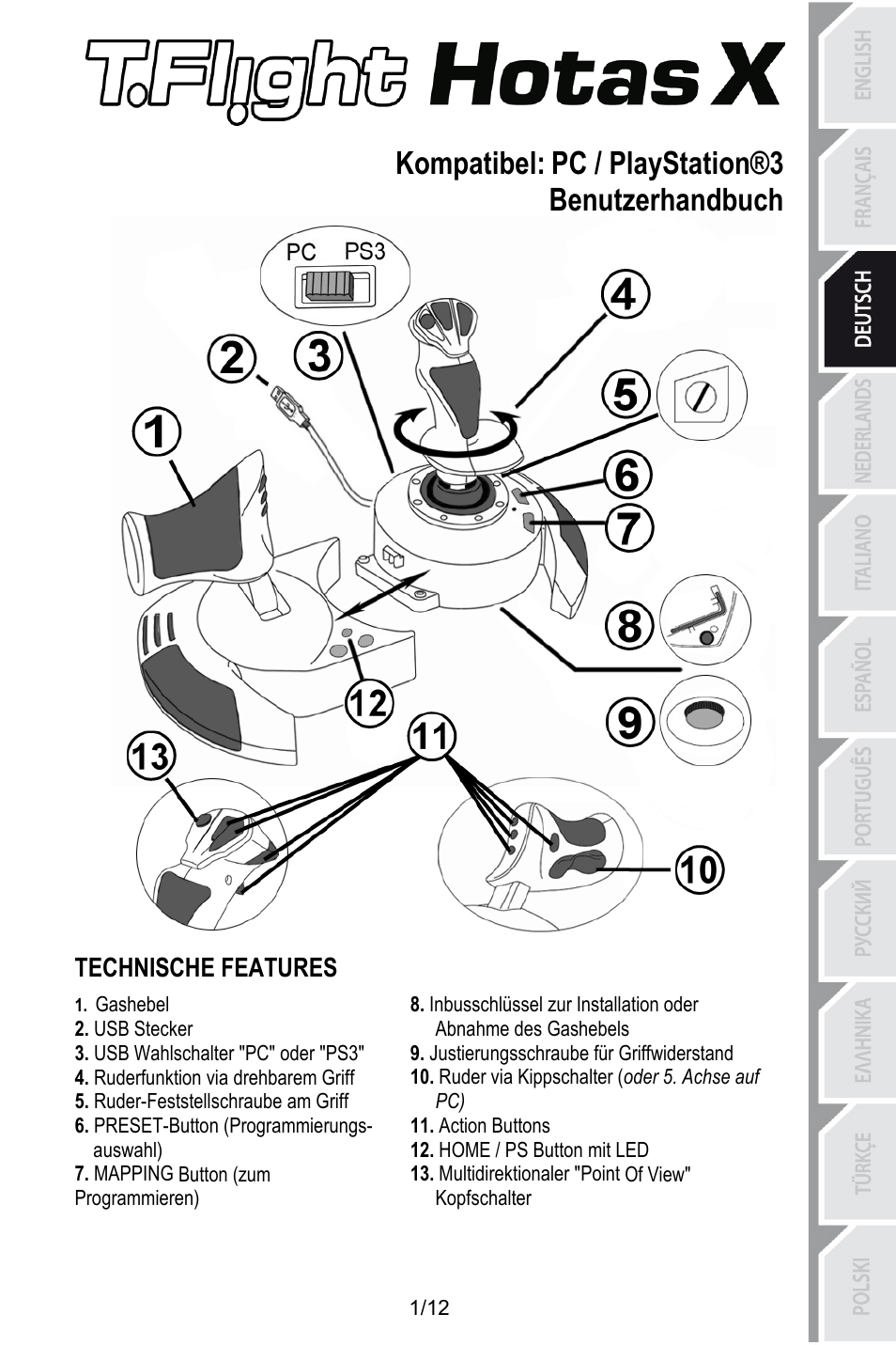 Deu_t_flight_hotas_x v3, Kompatibel: pc / playstation®3, Benutzerhandbuch | Technische features, Inbusschlüssel zur installation oder, Gashebel, Abnahme des gashebels, Usb stecker, Justierungsschraube für griffwiderstand, Usb wahlschalter "pc" oder "ps3 | Thrustmaster T.Flight HOTAS X User Manual | Page 26 / 145