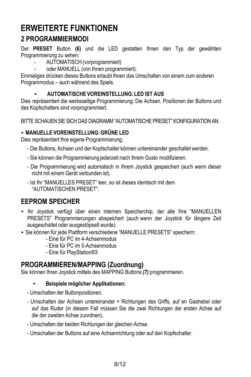 Erweiterte funktionen, 2 programmiermodi, Automatisch (vorprogrammiert) | Oder manuell (von ihnen programmiert), Programmodus – auch während des spiels, Automatische voreinstellung: led ist aus, Manuelle voreinstellung: grüne led, Dies repräsentiert ihre eigene programmierung, Automatischen preset, Eeprom speicher | Thrustmaster T.Flight HOTAS X User Manual | Page 33 / 145