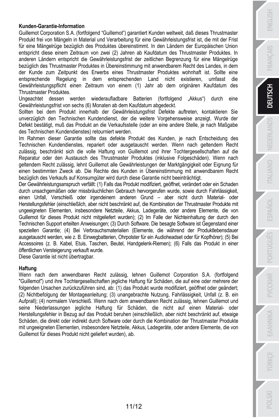 Kunden-garantie-information, Diese garantie ist nicht übertragbar, 216bhaftung | Haftung | Thrustmaster T.Flight HOTAS X User Manual | Page 36 / 145