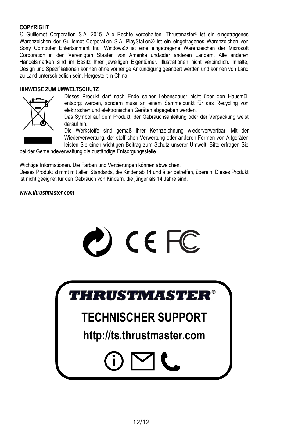 Copyright, Hinweise zum umweltschutz, Www.thrustmaster.com | Technischer support | Thrustmaster T.Flight HOTAS X User Manual | Page 37 / 145