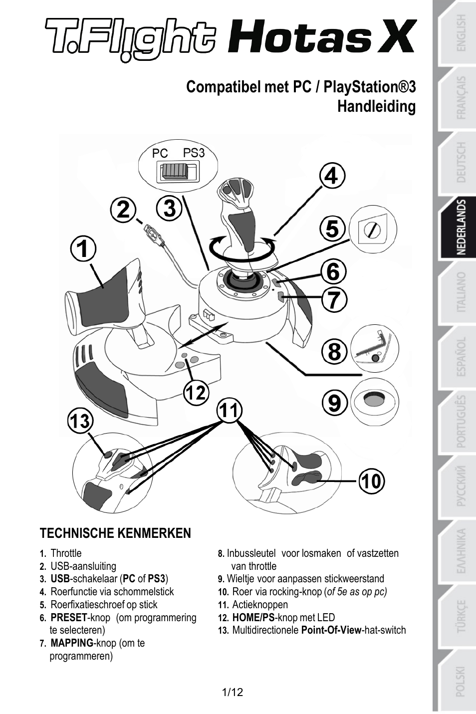 Ned_t_flight_hotas_x v3, Compatibel met pc / playstation®3, Handleiding | Technische kenmerken, Throttle, Usb-aansluiting, Wieltje voor aanpassen stickweerstand, Usb-schakelaar (pc of ps3), Roer via rocking-knop (of 5e as op pc), Roerfunctie via schommelstick | Thrustmaster T.Flight HOTAS X User Manual | Page 38 / 145