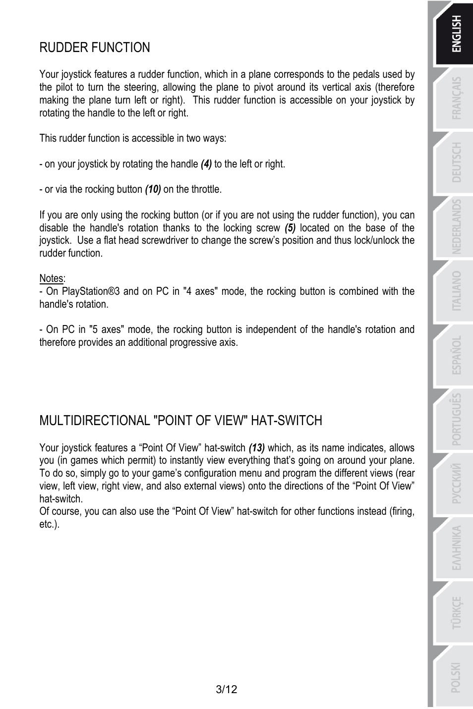 Rudder function, This rudder function is accessible in two ways, Or via the rocking button (10) on the throttle | Notes, Multidirectional "point of view" hat-switch | Thrustmaster T.Flight HOTAS X User Manual | Page 4 / 145