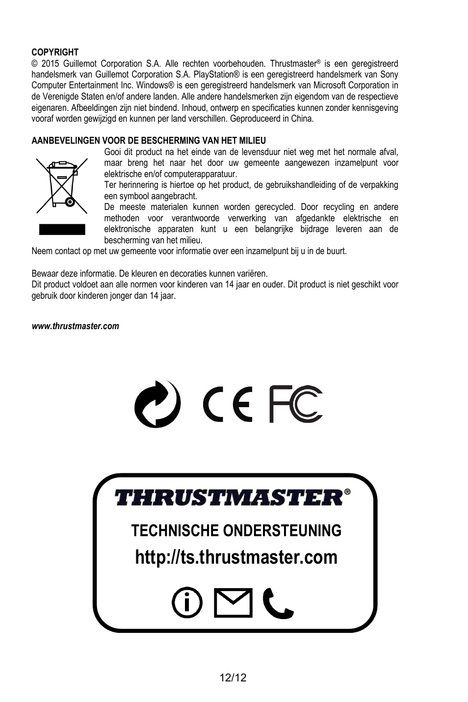 Copyright, Aanbevelingen voor de bescherming van het milieu, Www.thrustmaster.com | Technische ondersteuning | Thrustmaster T.Flight HOTAS X User Manual | Page 49 / 145