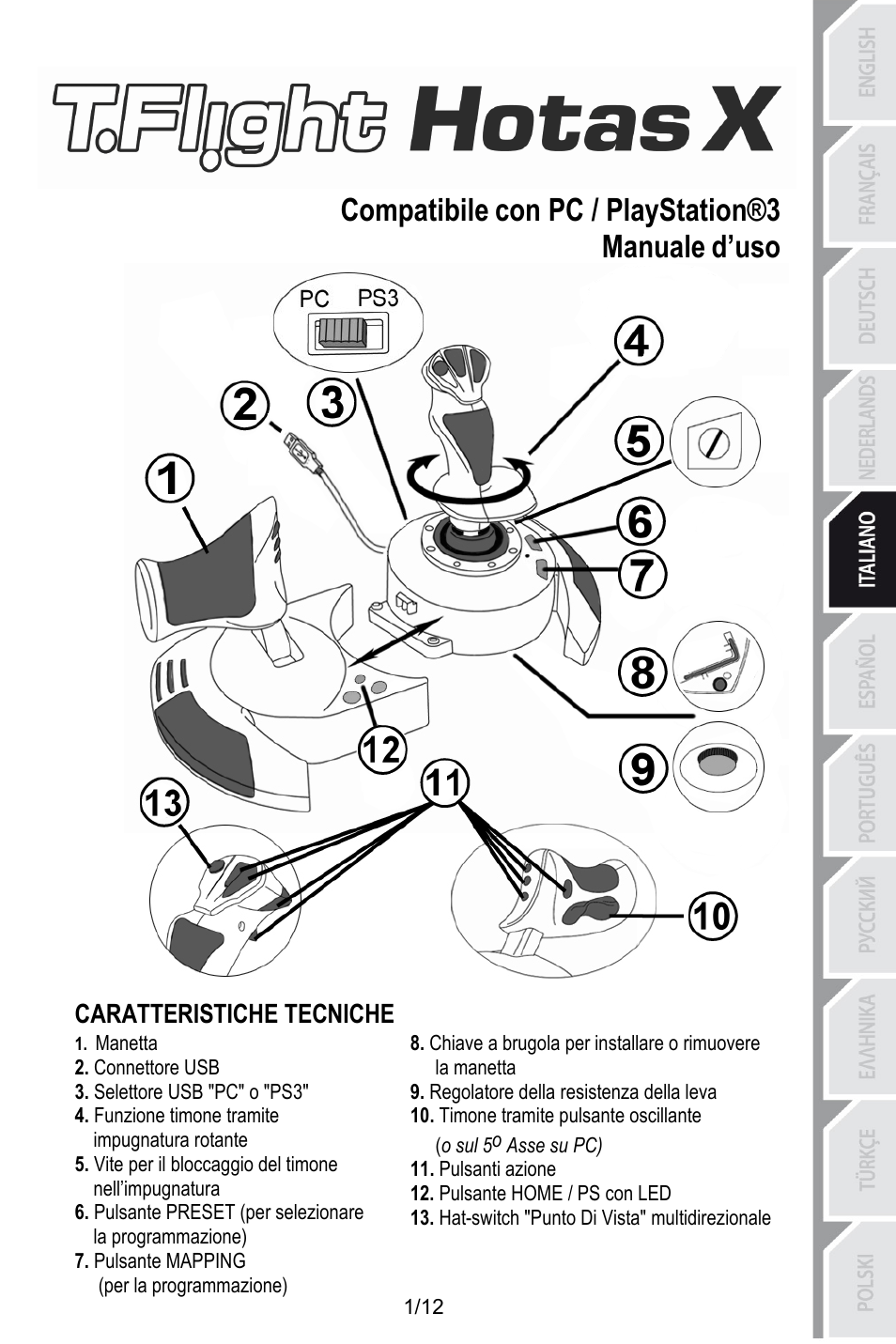 Ita_t_flight_hotas_x v3, Compatibile con pc / playstation®3, Manuale d’uso | Caratteristiche tecniche, Manetta, Connettore usb, Regolatore della resistenza della leva, Selettore usb "pc" o "ps3, Timone tramite pulsante oscillante, Funzione timone tramite impugnatura rotante | Thrustmaster T.Flight HOTAS X User Manual | Page 50 / 145