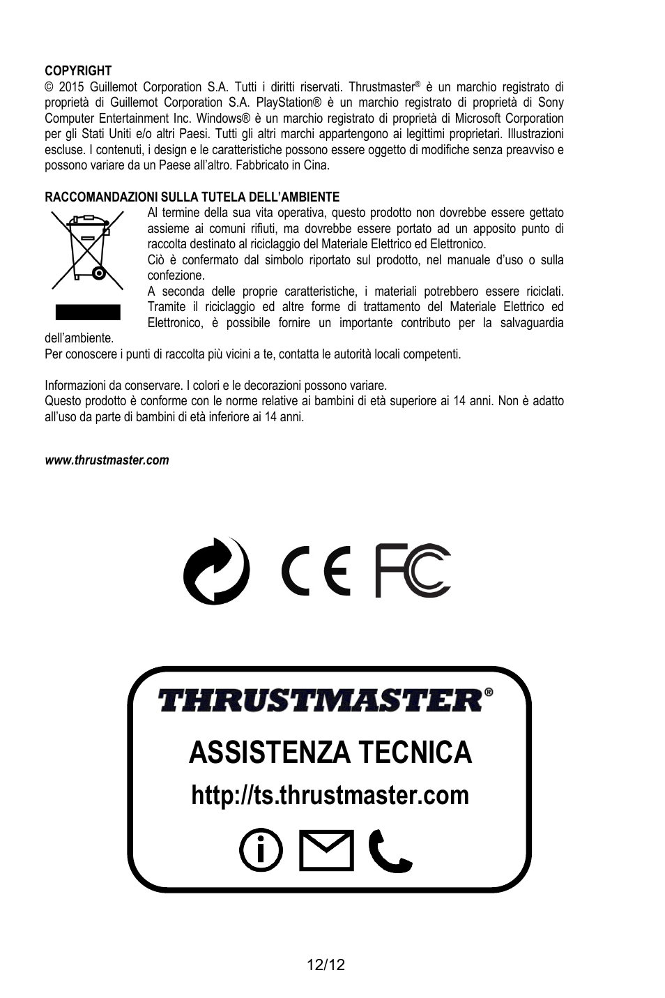 Copyright, Raccomandazioni sulla tutela dell’ambiente, Www.thrustmaster.com | Assistenza tecnica | Thrustmaster T.Flight HOTAS X User Manual | Page 61 / 145