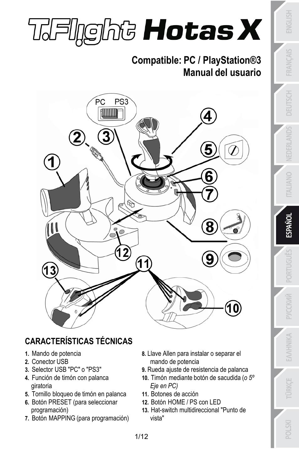 Spa_t_flight_hotas_x v3, Compatible: pc / playstation®3, Manual del usuario | Características técnicas, Mando de potencia, Conector usb, Rueda ajuste de resistencia de palanca, Selector usb "pc" o "ps3, Timón mediante botón de sacudida (o 5º eje en pc), Función de timón con palanca giratoria | Thrustmaster T.Flight HOTAS X User Manual | Page 62 / 145