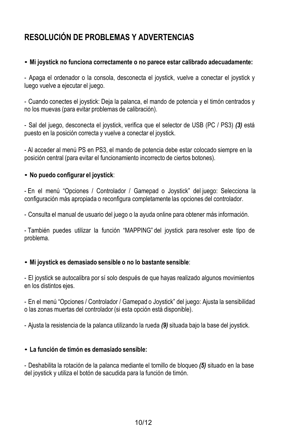 Resolución de problemas y advertencias, No puedo configurar el joystick, La función de timón es demasiado sensible | Thrustmaster T.Flight HOTAS X User Manual | Page 71 / 145