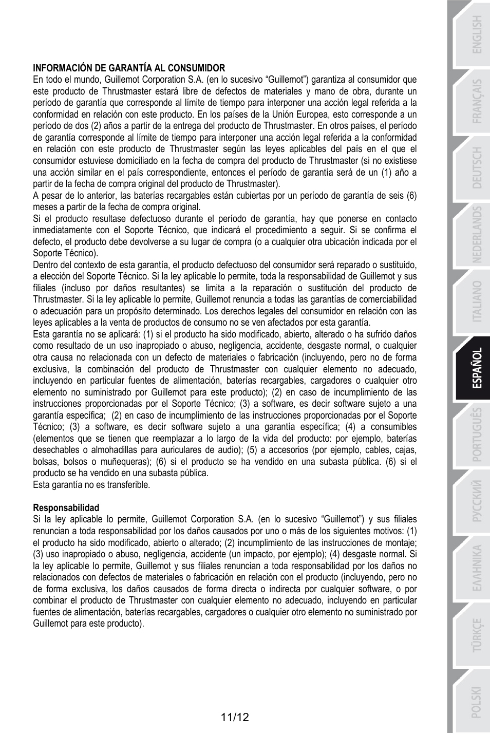 Información de garantía al consumidor, Esta garantía no es transferible, Responsabilidad | 204bresponsabilidad | Thrustmaster T.Flight HOTAS X User Manual | Page 72 / 145