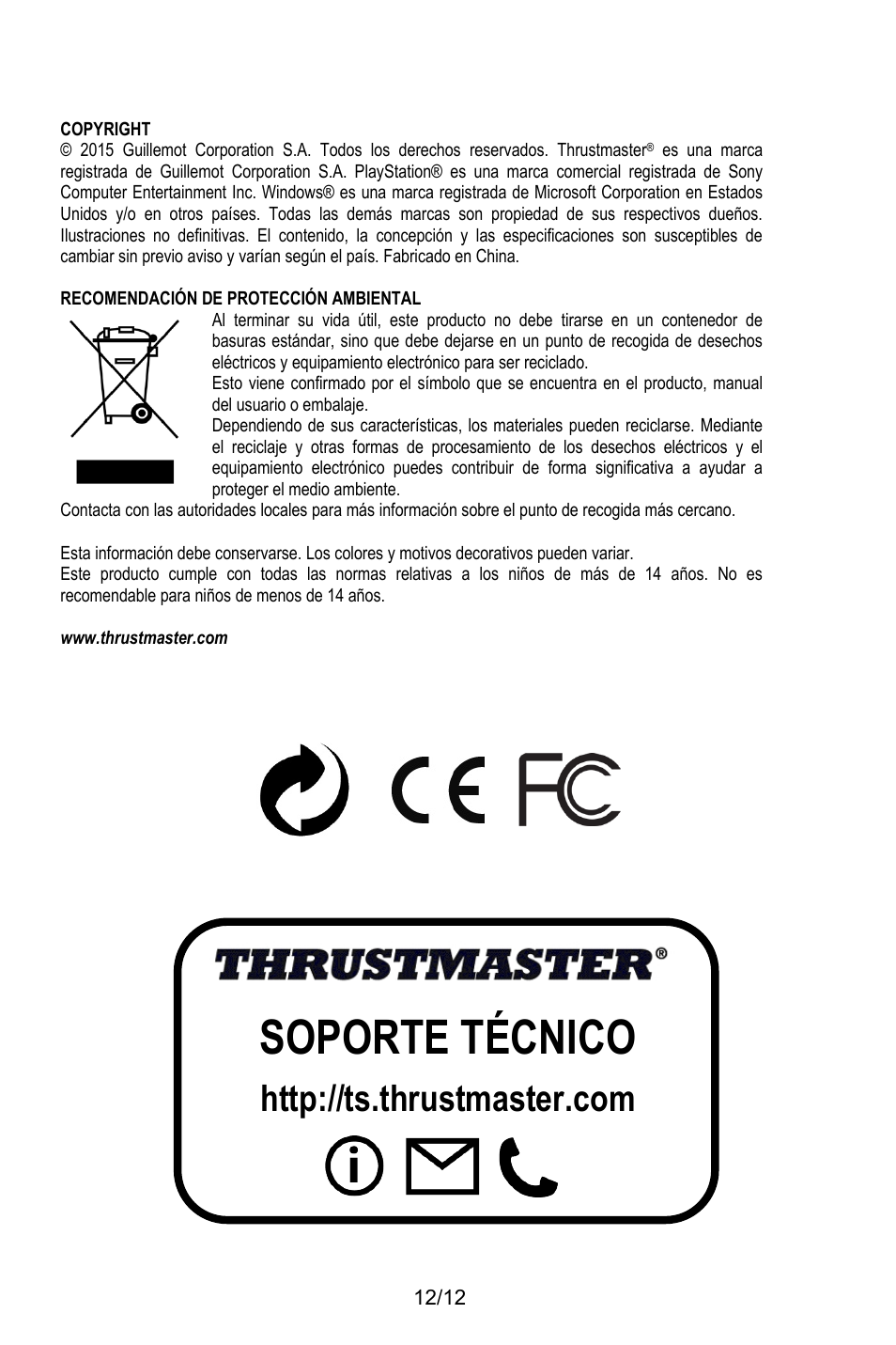 Copyright, Recomendación de protección ambiental, Www.thrustmaster.com | Soporte técnico | Thrustmaster T.Flight HOTAS X User Manual | Page 73 / 145