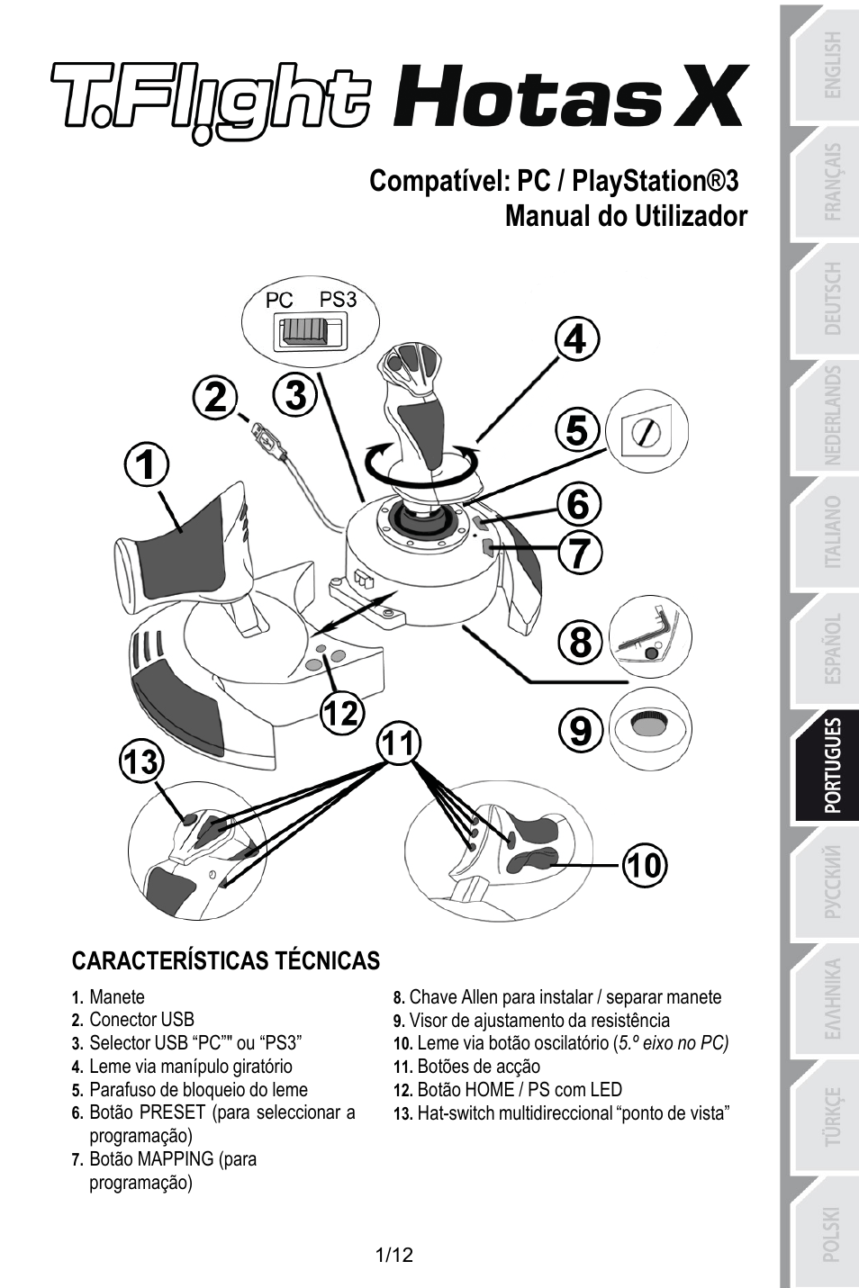 Por_t_flight_hotas_x v3, Compatível: pc / playstation®3, Manual do utilizador | Características técnicas, Chave allen para instalar / separar manete, Manete, Conector usb, Visor de ajustamento da resistência, Leme via botão oscilatório (5.º eixo no pc), Selector usb “pc”" ou “ps3 | Thrustmaster T.Flight HOTAS X User Manual | Page 74 / 145