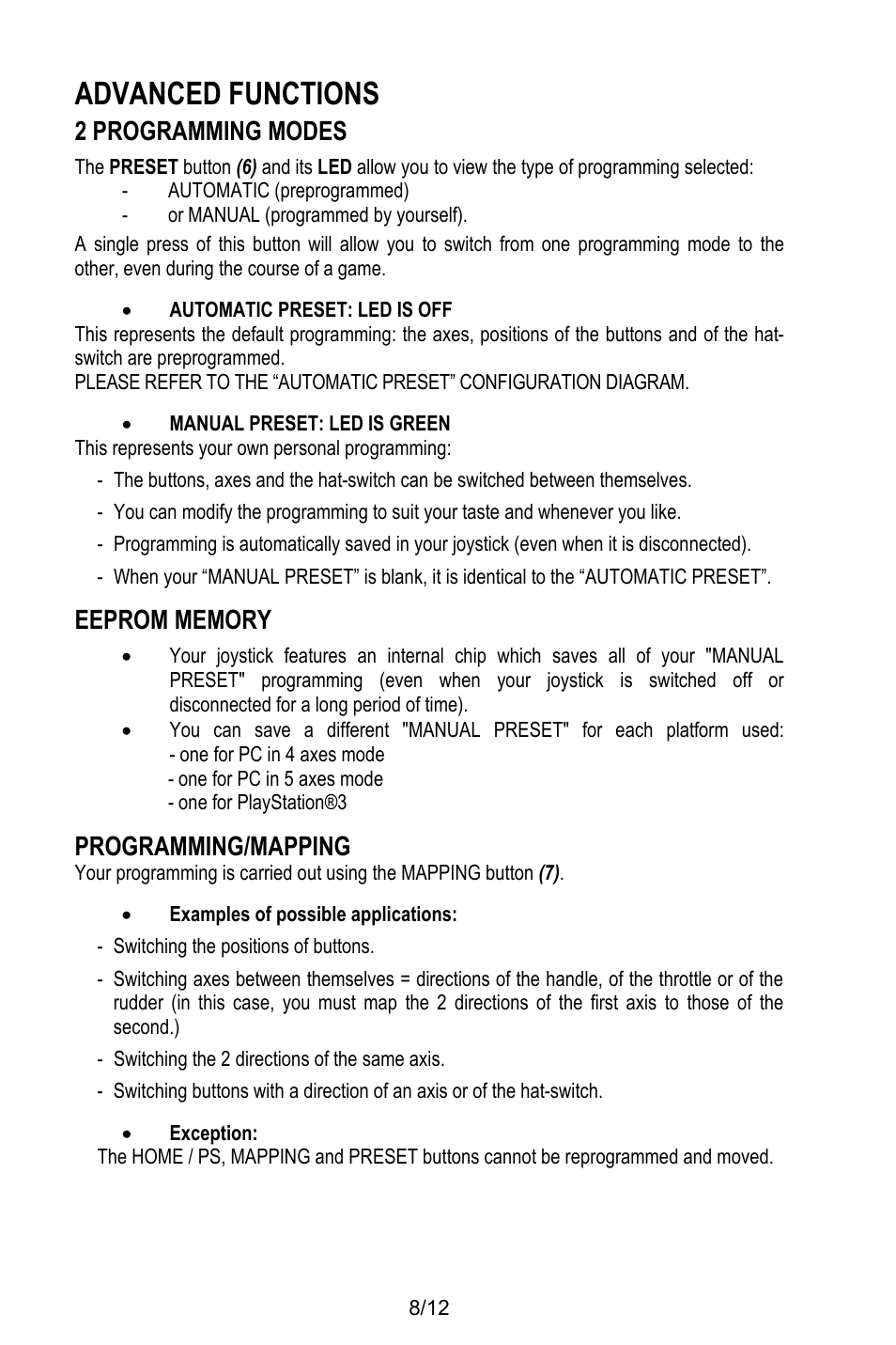 Advanced functions, 2 programming modes, Automatic (preprogrammed) | Or manual (programmed by yourself), Automatic preset: led is off, Manual preset: led is green, This represents your own personal programming, Eeprom memory, One for pc in 5 axes mode, One for playstation®3 | Thrustmaster T.Flight HOTAS X User Manual | Page 9 / 145