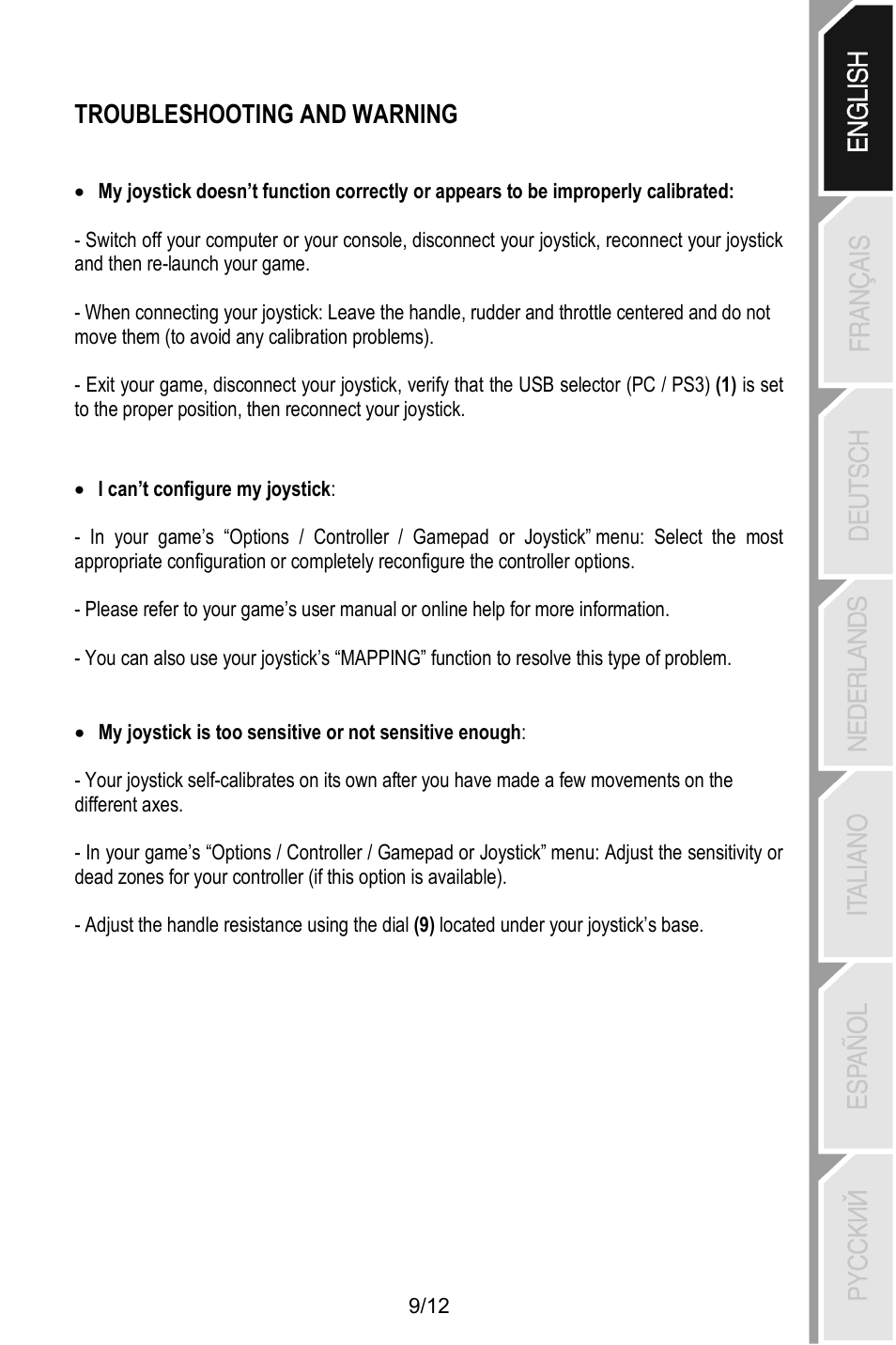 Troubleshooting and warning | Thrustmaster T.Flight Stick X User Manual | Page 10 / 85