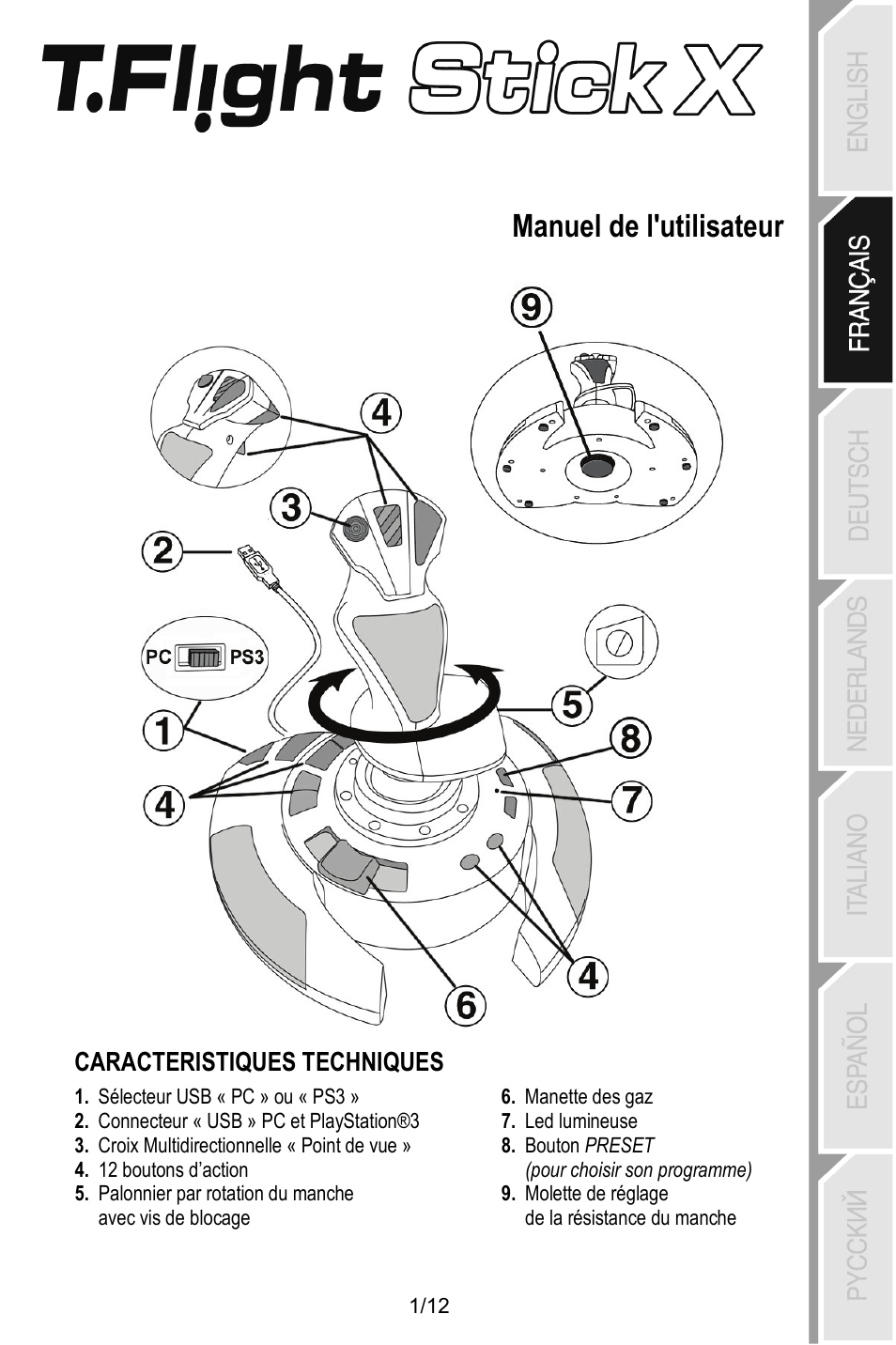 Fra_t.flight_stick_x, Manuel de l'utilisateur, Caracteristiques techniques | Thrustmaster T.Flight Stick X User Manual | Page 14 / 85