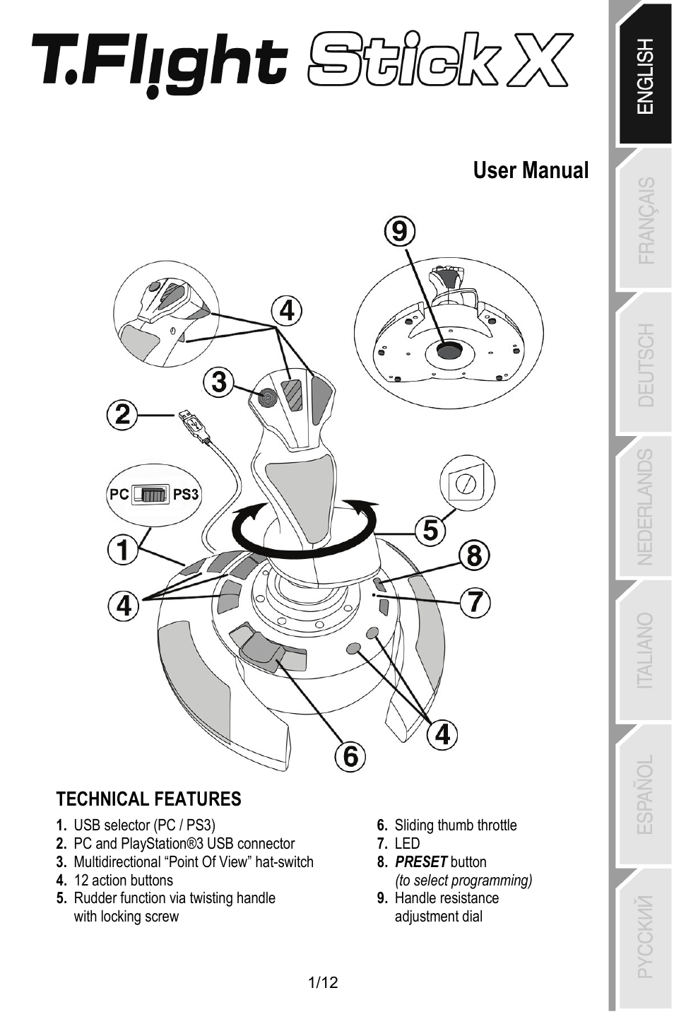 Eng_t.flight_stick_x, User manual, Technical features | Thrustmaster T.Flight Stick X User Manual | Page 2 / 85