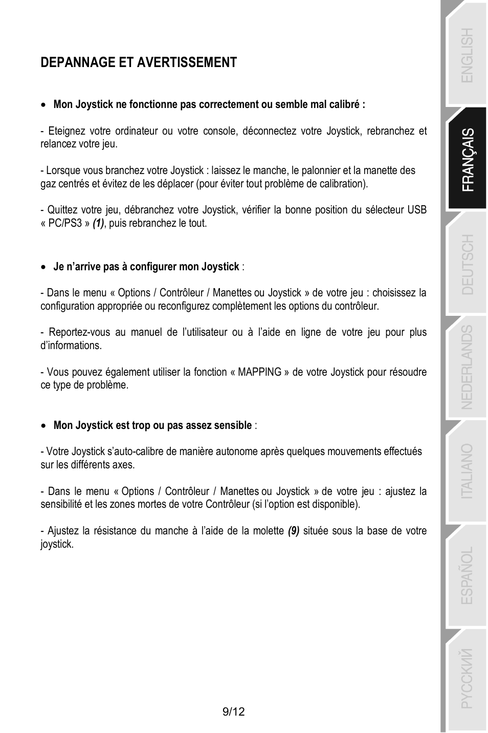 Depannage et avertissement | Thrustmaster T.Flight Stick X User Manual | Page 22 / 85