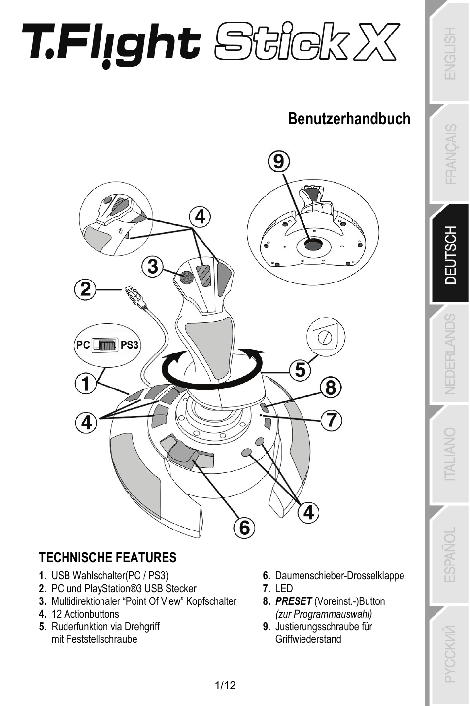 Deu_t.flight_stick_x, Benutzerhandbuch, Technische features | Thrustmaster T.Flight Stick X User Manual | Page 26 / 85