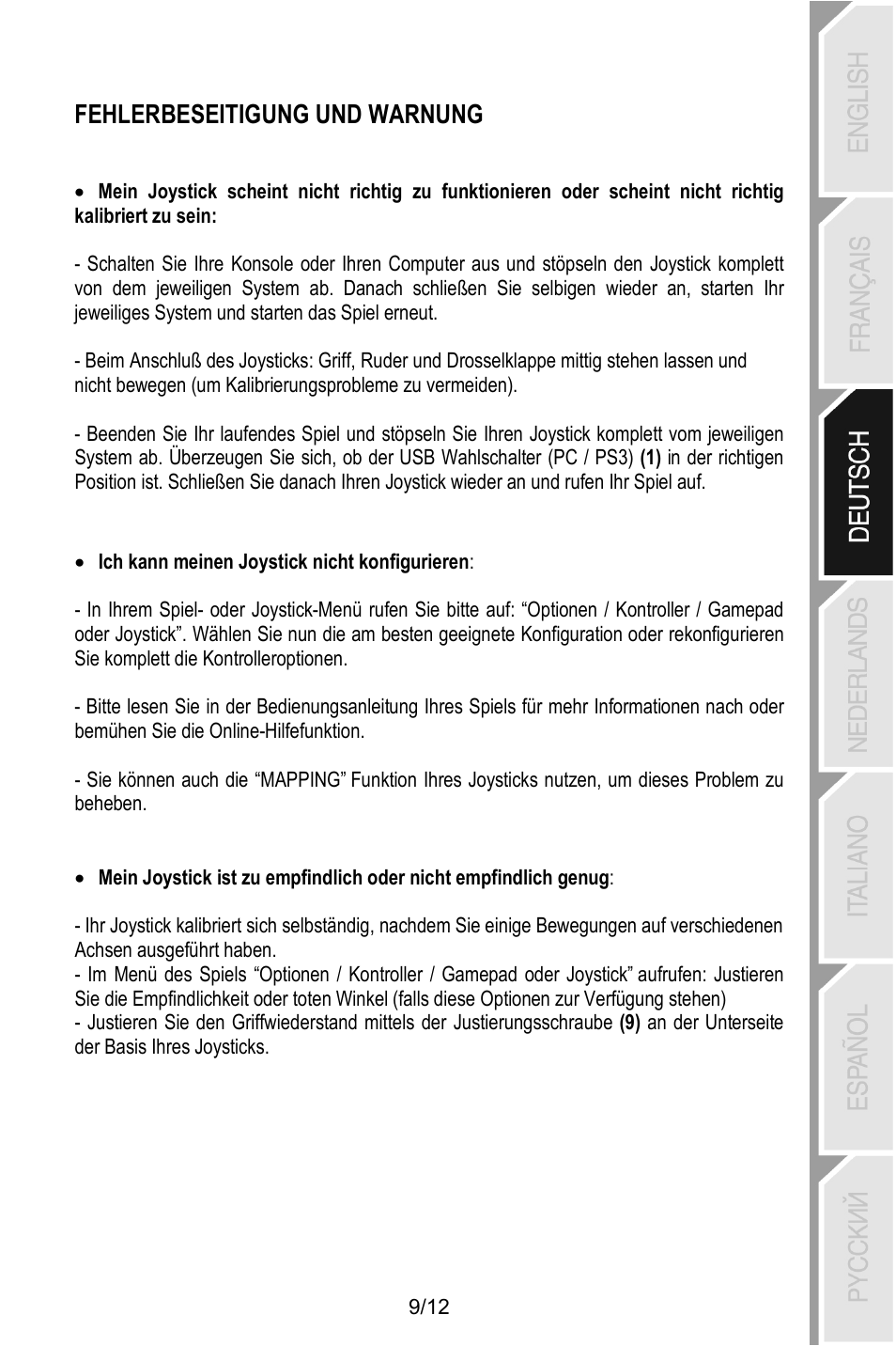 Fehlerbeseitigung und warnung | Thrustmaster T.Flight Stick X User Manual | Page 34 / 85