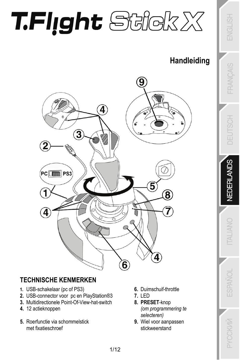 Ned_t.flight_stick_x, Handleiding, Technische kenmerken | Thrustmaster T.Flight Stick X User Manual | Page 38 / 85