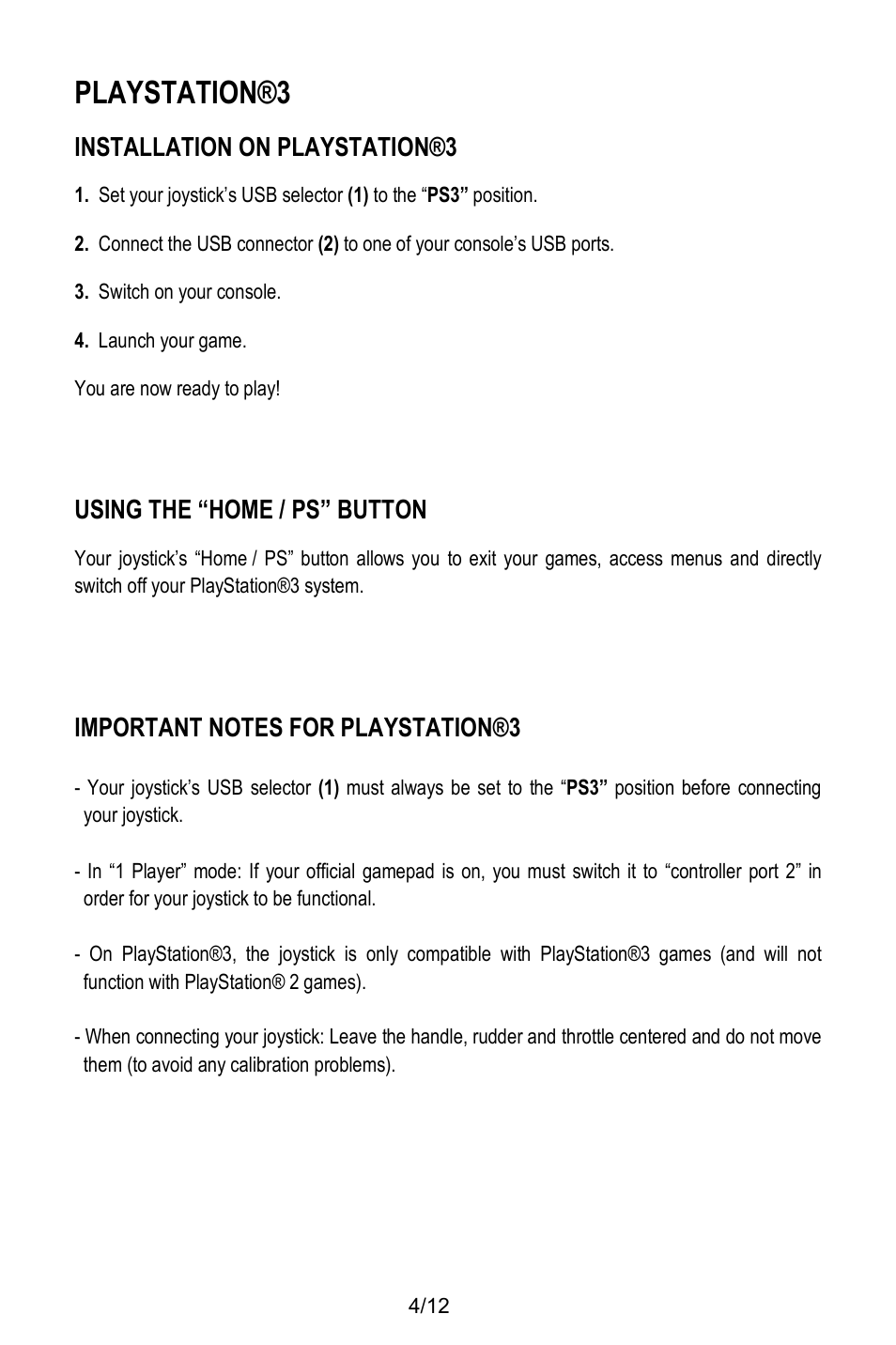 Playstation®3, Installation on playstation®3, Using the “home / ps” button | Thrustmaster T.Flight Stick X User Manual | Page 5 / 85