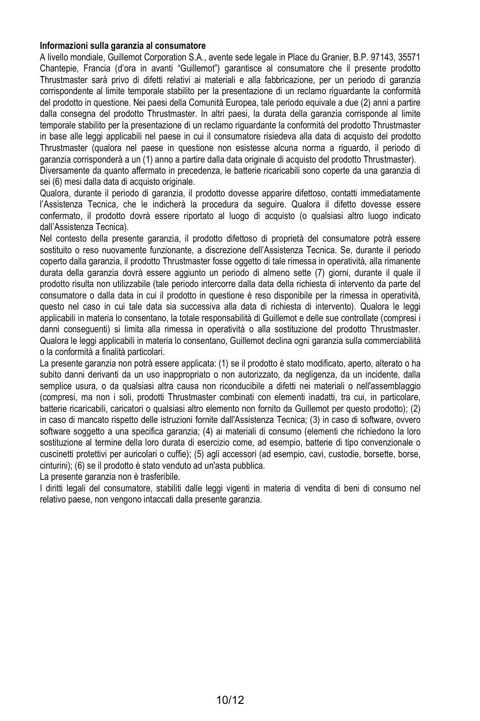 Informazioni sulla garanzia al consumatore | Thrustmaster T.Flight Stick X User Manual | Page 59 / 85