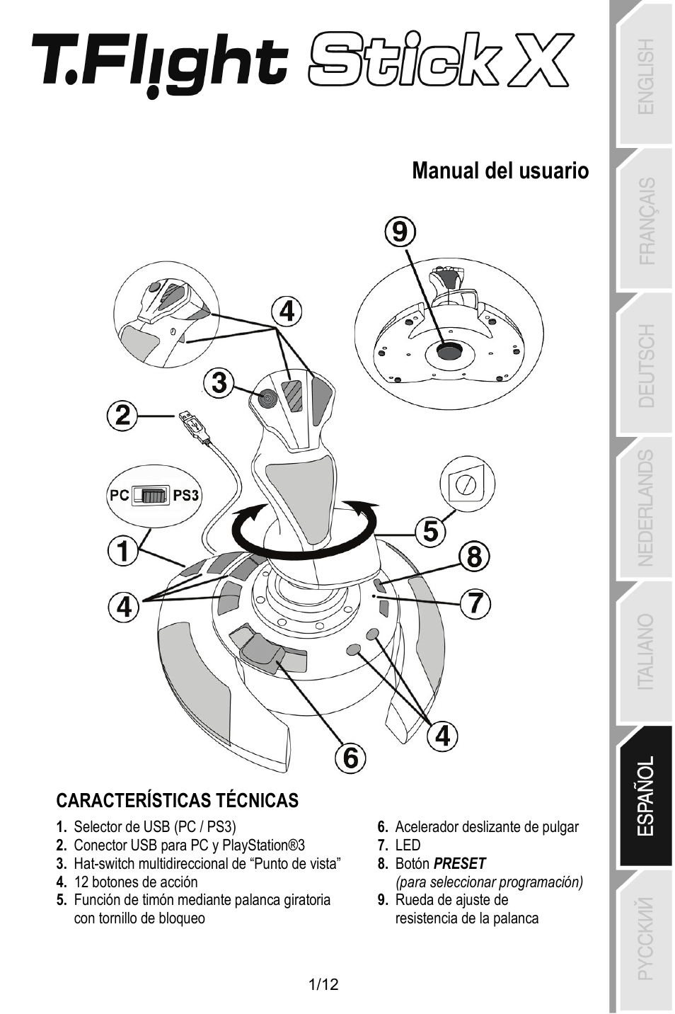 Spa_t.flight_stick_x, Manual del usuario, Características técnicas | Thrustmaster T.Flight Stick X User Manual | Page 62 / 85