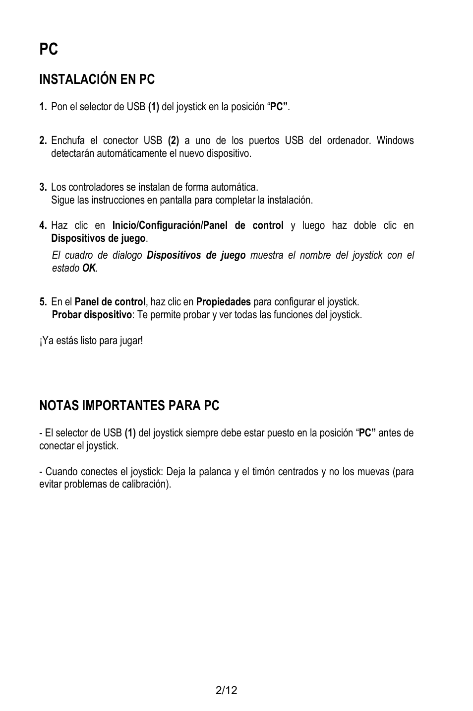 Instalación en pc, Notas importantes para pc | Thrustmaster T.Flight Stick X User Manual | Page 63 / 85