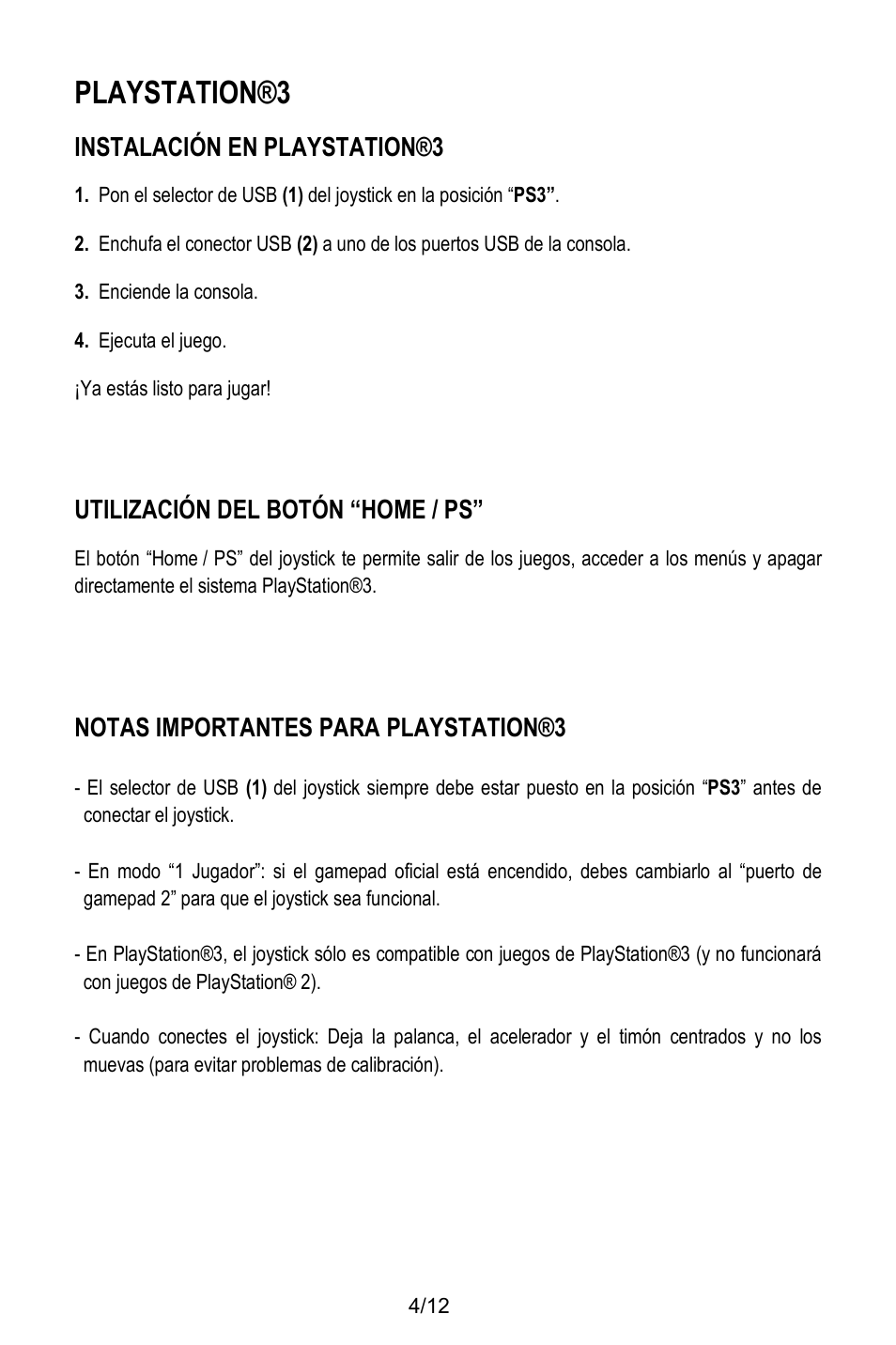 Playstation®3, Instalación en playstation®3, Utilización del botón “home / ps | Notas importantes para playstation®3 | Thrustmaster T.Flight Stick X User Manual | Page 65 / 85